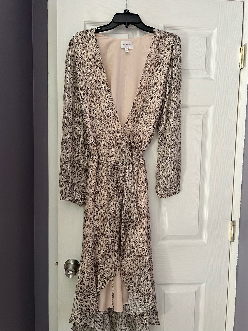 Lavender Brown Beige and Brown Leopard-Print Wrap Dress with High-Low Hem